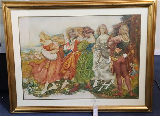 Noel Laura Nisbet (1887-1956) Unfinished study of medieval maidens and youths in a landscape 21 x 29.5in.